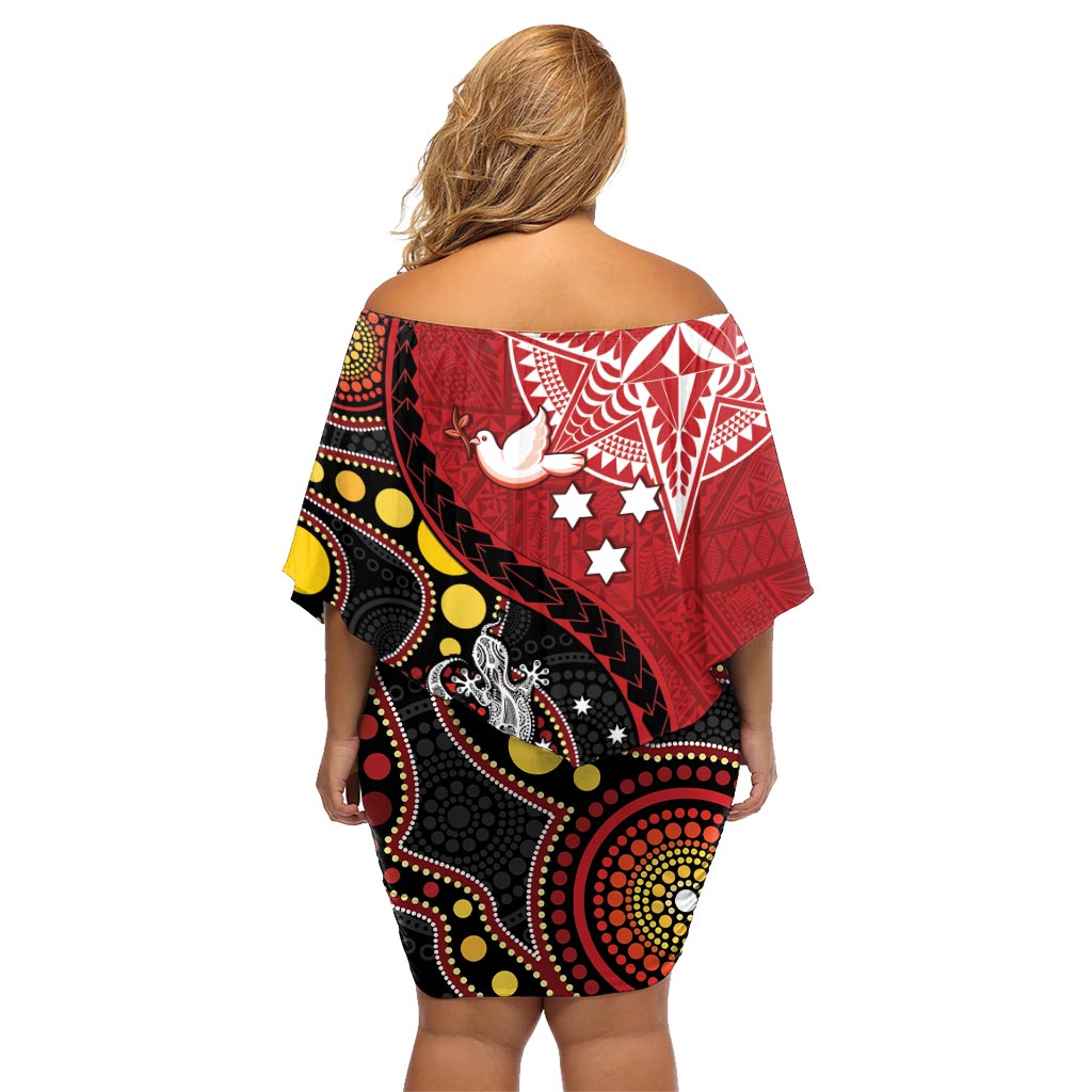 Tonga Ngatu And Australia Aboriginal Family Matching Off Shoulder Short Dress and Hawaiian Shirt Tongan Dove And Kangaroo Together LT05 - Polynesian Pride