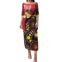 Tonga Ngatu And Australia Aboriginal Family Matching Puletasi and Hawaiian Shirt Tongan Dove And Kangaroo Together LT05 Mom's Dress Red - Polynesian Pride