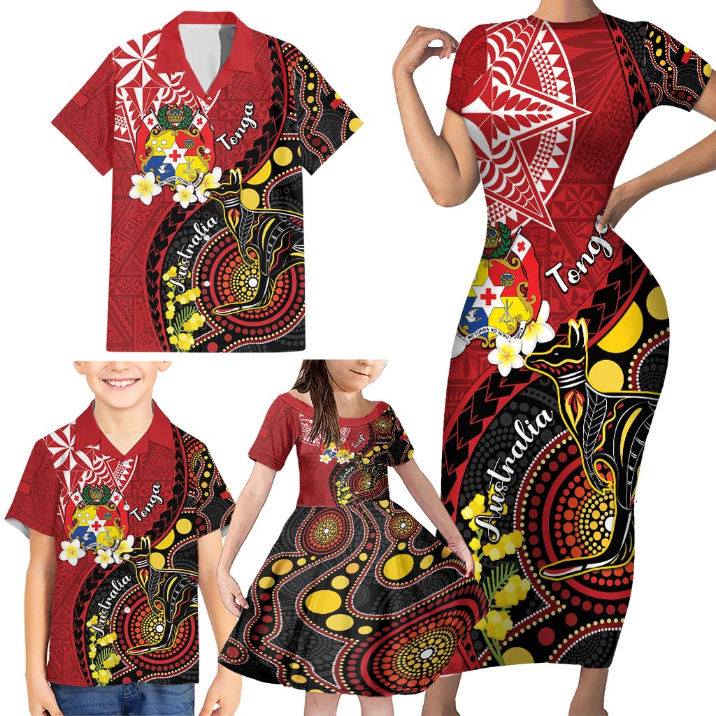 Tonga Ngatu And Australia Aboriginal Family Matching Short Sleeve Bodycon Dress and Hawaiian Shirt Tongan Dove And Kangaroo Together LT05 - Polynesian Pride