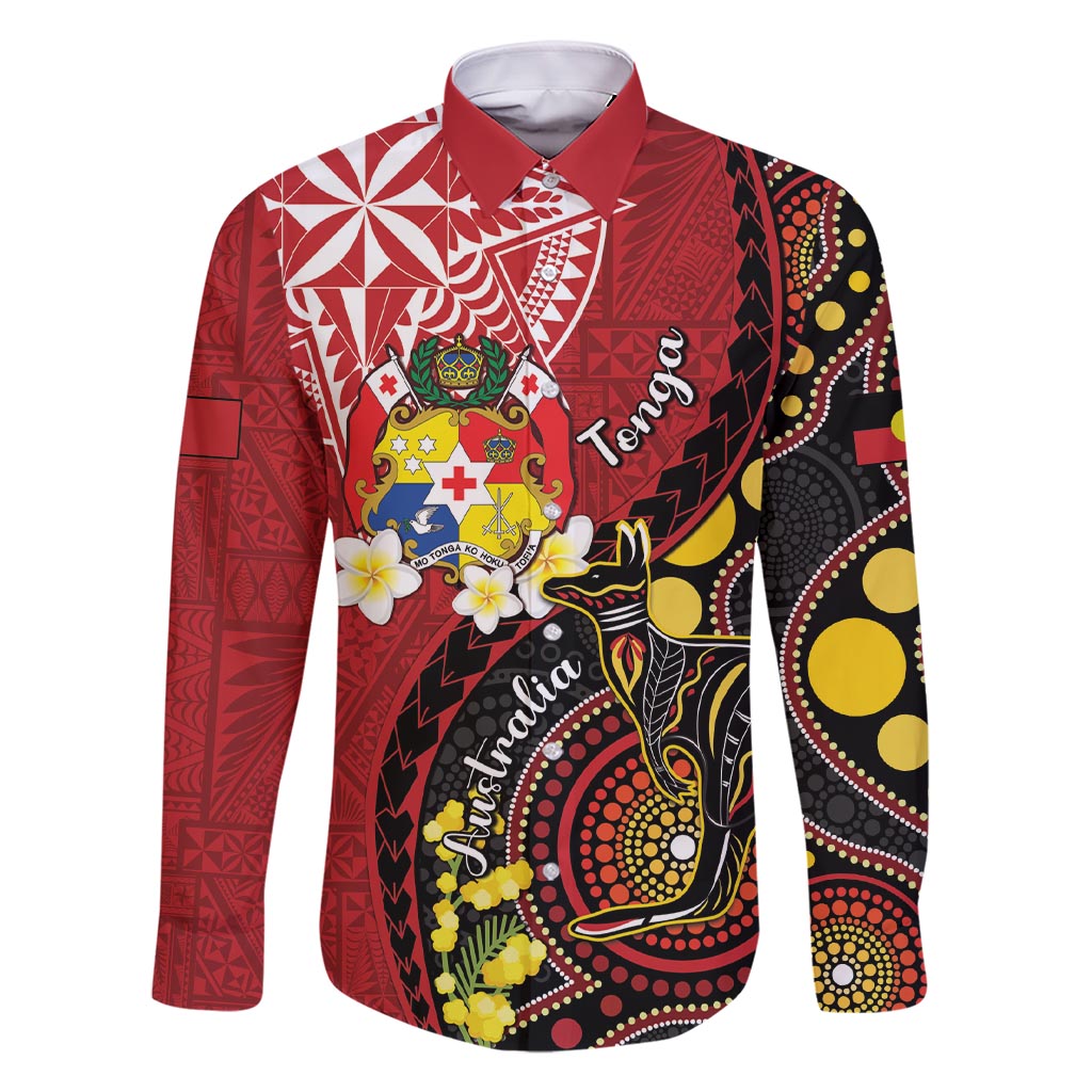 Tonga Ngatu And Australia Aboriginal Family Matching Short Sleeve Bodycon Dress and Hawaiian Shirt Tongan Dove And Kangaroo Together LT05 Dad's Shirt - Long Sleeve Red - Polynesian Pride