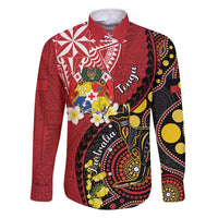 Tonga Ngatu And Australia Aboriginal Family Matching Short Sleeve Bodycon Dress and Hawaiian Shirt Tongan Dove And Kangaroo Together LT05 Dad's Shirt - Long Sleeve Red - Polynesian Pride