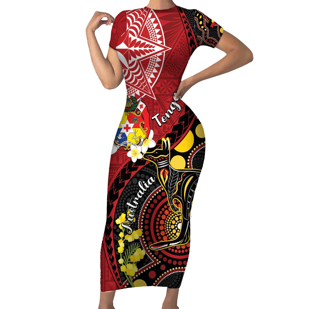 Tonga Ngatu And Australia Aboriginal Family Matching Short Sleeve Bodycon Dress and Hawaiian Shirt Tongan Dove And Kangaroo Together LT05 Mom's Dress Red - Polynesian Pride