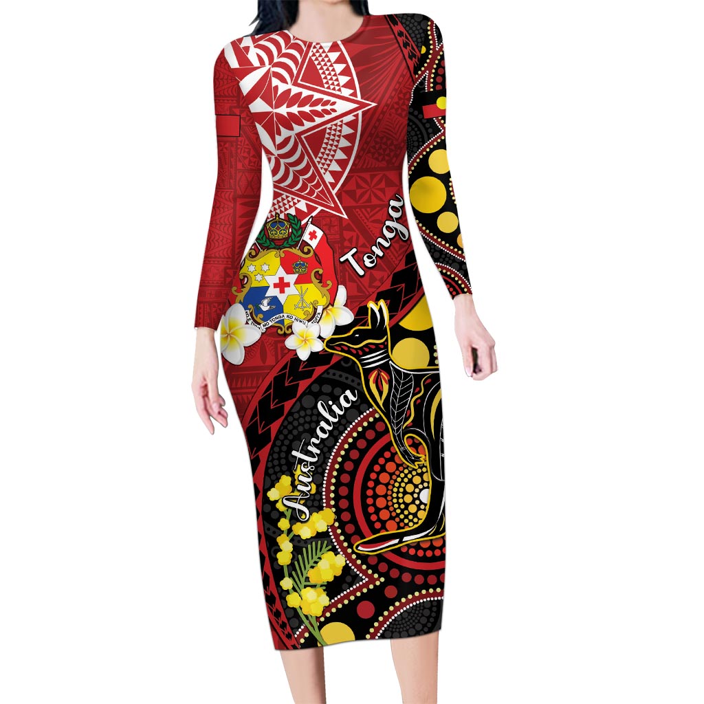 Tonga Ngatu And Australia Aboriginal Long Sleeve Bodycon Dress Tongan Dove And Kangaroo Together LT05 Long Dress Red - Polynesian Pride