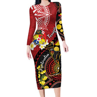 Tonga Ngatu And Australia Aboriginal Long Sleeve Bodycon Dress Tongan Dove And Kangaroo Together LT05 Long Dress Red - Polynesian Pride