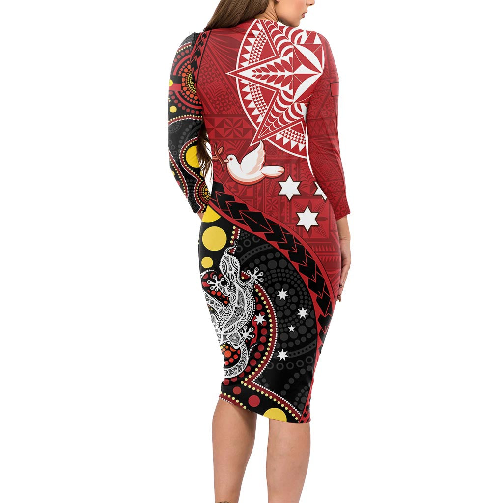 Tonga Ngatu And Australia Aboriginal Long Sleeve Bodycon Dress Tongan Dove And Kangaroo Together LT05 - Polynesian Pride