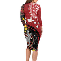 Tonga Ngatu And Australia Aboriginal Long Sleeve Bodycon Dress Tongan Dove And Kangaroo Together LT05 - Polynesian Pride