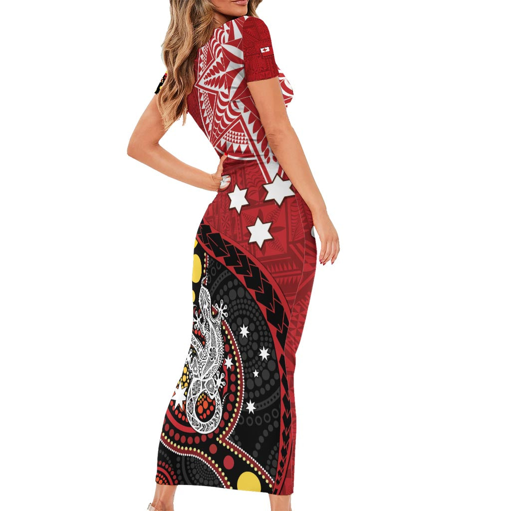 Tonga Ngatu And Australia Aboriginal Short Sleeve Bodycon Dress Tongan Dove And Kangaroo Together LT05 - Polynesian Pride