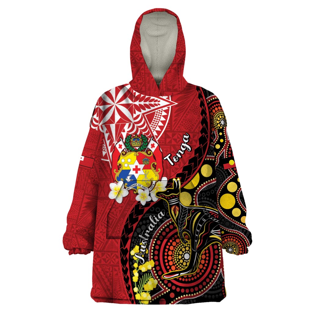 Tonga Ngatu And Australia Aboriginal Wearable Blanket Hoodie Tongan Dove And Kangaroo Together LT05 One Size Red - Polynesian Pride