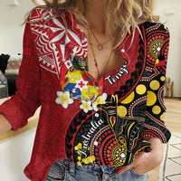Tonga Ngatu And Australia Aboriginal Women Casual Shirt Tongan Dove And Kangaroo Together LT05 Female Red - Polynesian Pride