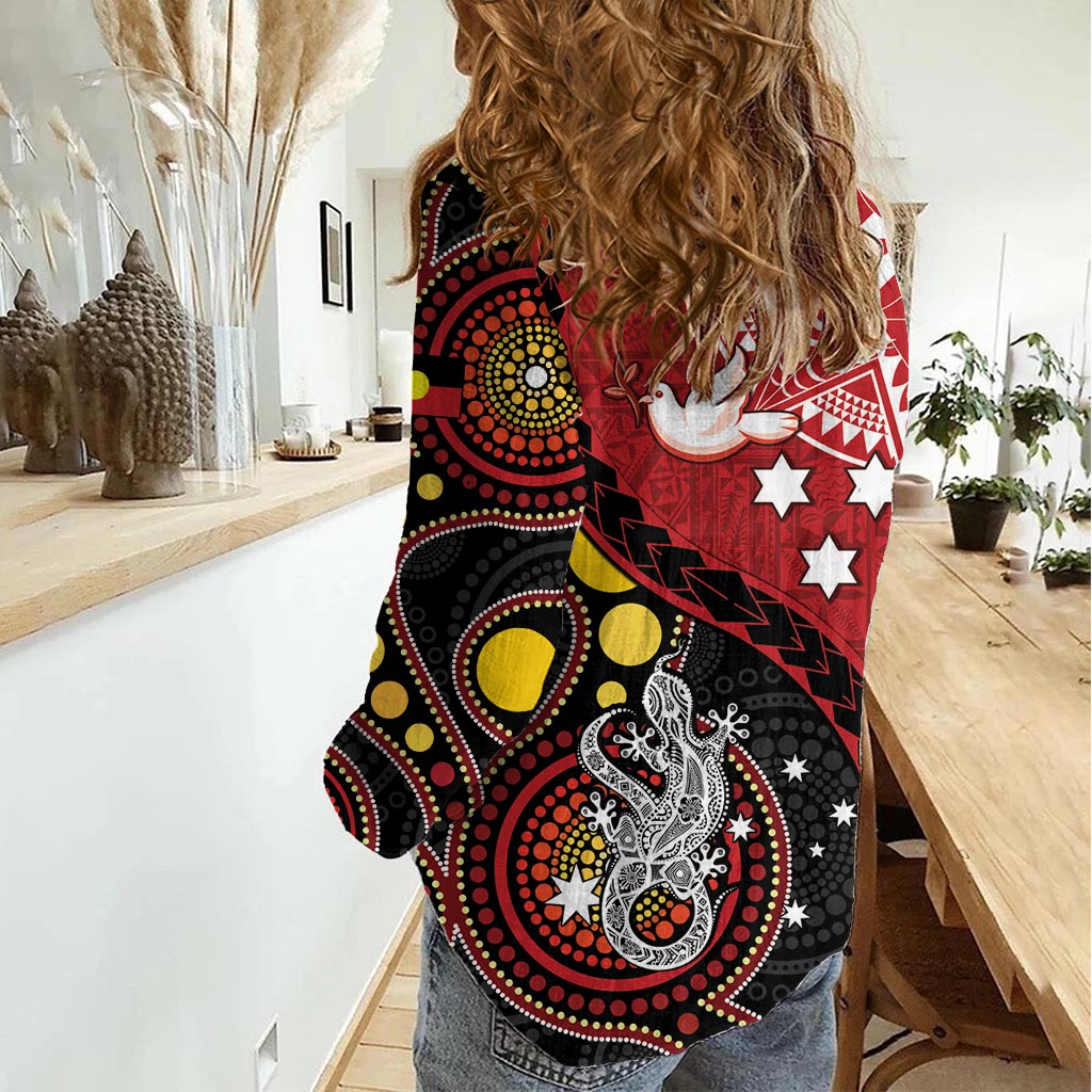 Tonga Ngatu And Australia Aboriginal Women Casual Shirt Tongan Dove And Kangaroo Together LT05 - Polynesian Pride