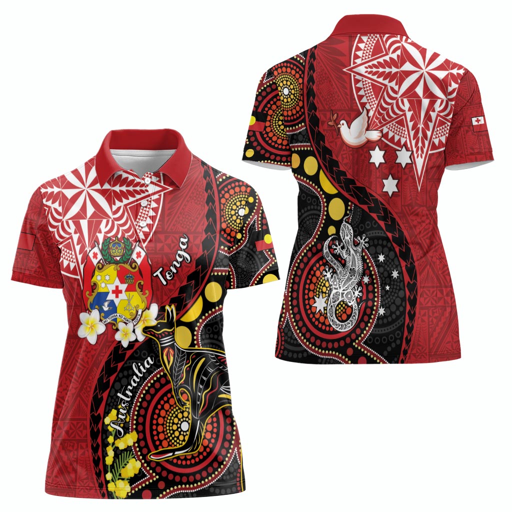 Tonga Ngatu And Australia Aboriginal Women Polo Shirt Tongan Dove And Kangaroo Together LT05 - Polynesian Pride