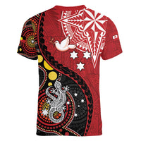 Tonga Ngatu And Australia Aboriginal Women V-Neck T-Shirt Tongan Dove And Kangaroo Together LT05 - Polynesian Pride