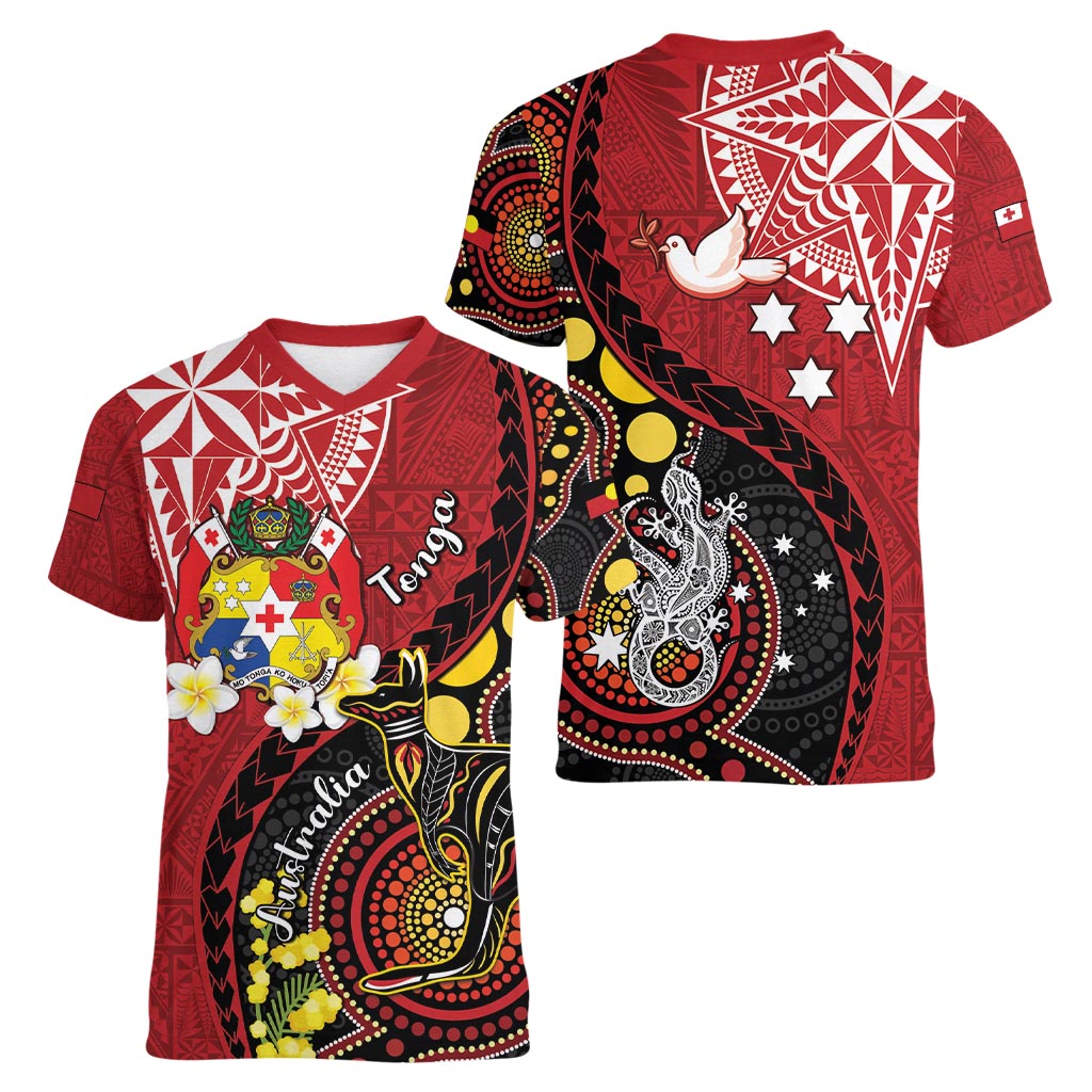 Tonga Ngatu And Australia Aboriginal Women V-Neck T-Shirt Tongan Dove And Kangaroo Together LT05 - Polynesian Pride