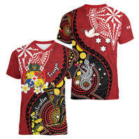 Tonga Ngatu And Australia Aboriginal Women V-Neck T-Shirt Tongan Dove And Kangaroo Together LT05 - Polynesian Pride