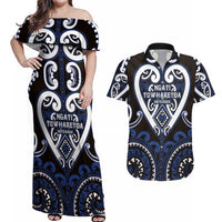 Custom Aotearoa Ngati Tuwharetoa Couples Matching Off Shoulder Maxi Dress and Hawaiian Shirt Maori Tribal Pattern LT05 Navy - Polynesian Pride