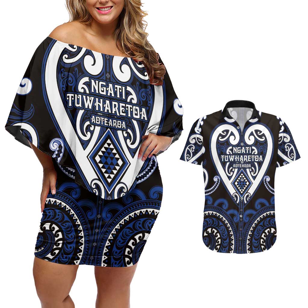 Custom Aotearoa Ngati Tuwharetoa Couples Matching Off Shoulder Short Dress and Hawaiian Shirt Maori Tribal Pattern LT05 Navy - Polynesian Pride