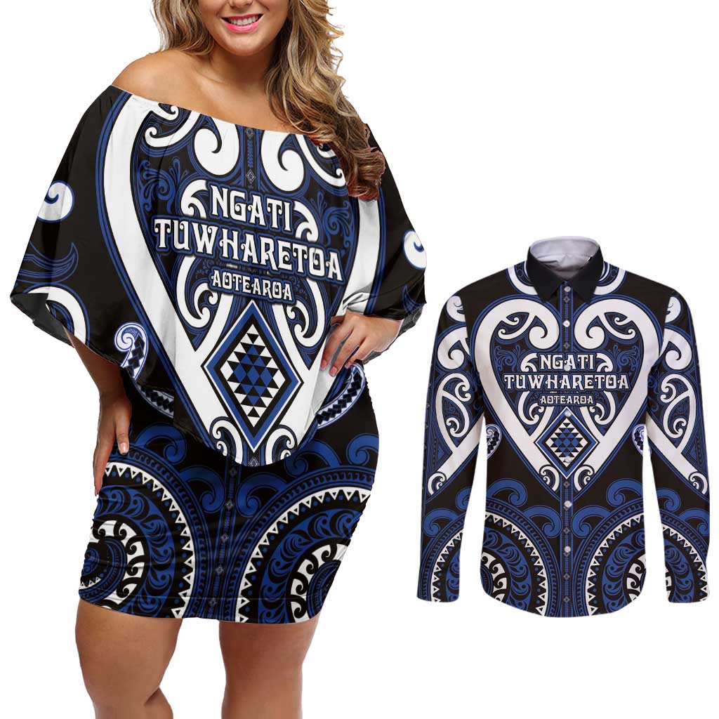 Custom Aotearoa Ngati Tuwharetoa Couples Matching Off Shoulder Short Dress and Long Sleeve Button Shirt Maori Tribal Pattern