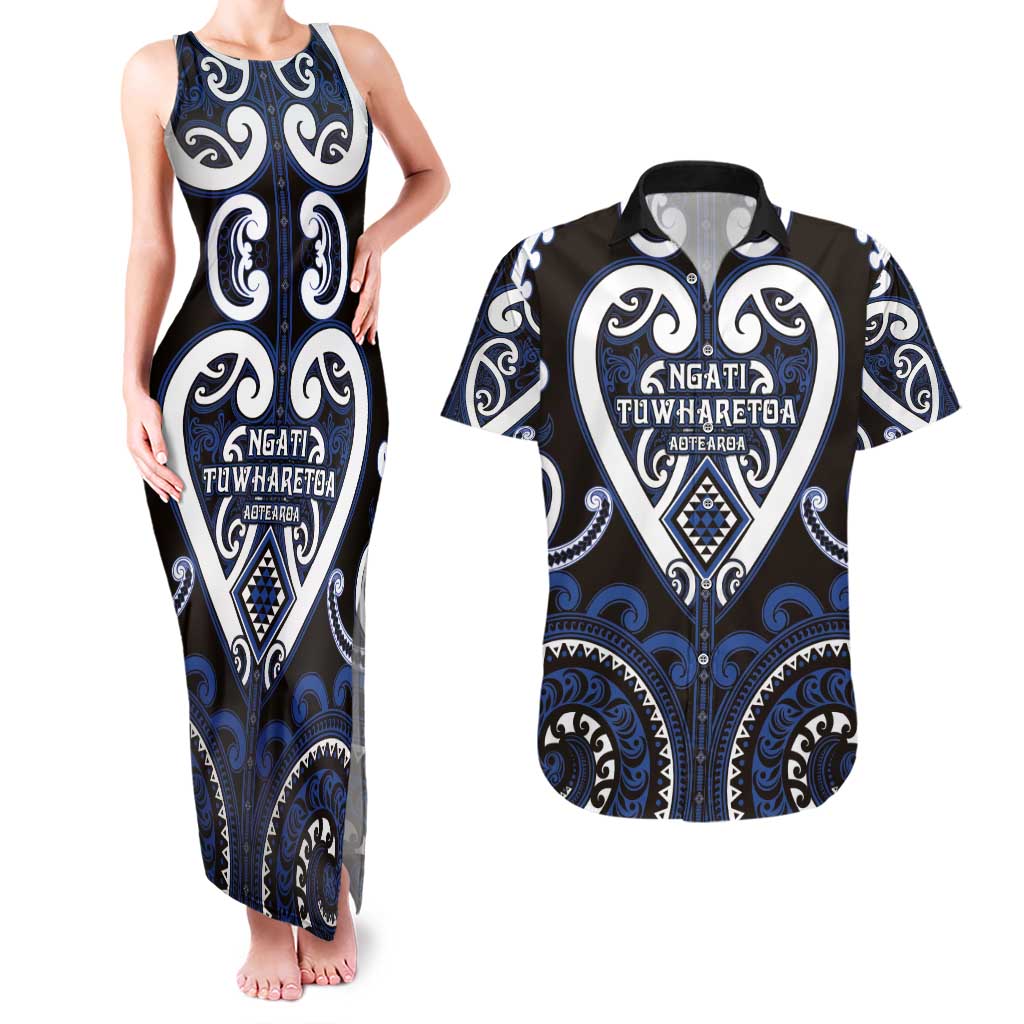 Custom Aotearoa Ngati Tuwharetoa Couples Matching Tank Maxi Dress and Hawaiian Shirt Maori Tribal Pattern