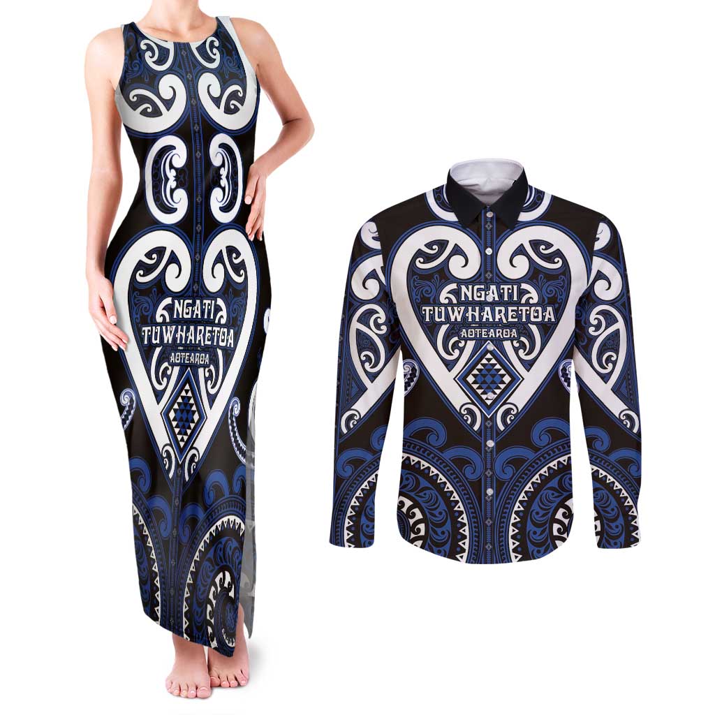 Custom Aotearoa Ngati Tuwharetoa Couples Matching Tank Maxi Dress and Long Sleeve Button Shirt Maori Tribal Pattern