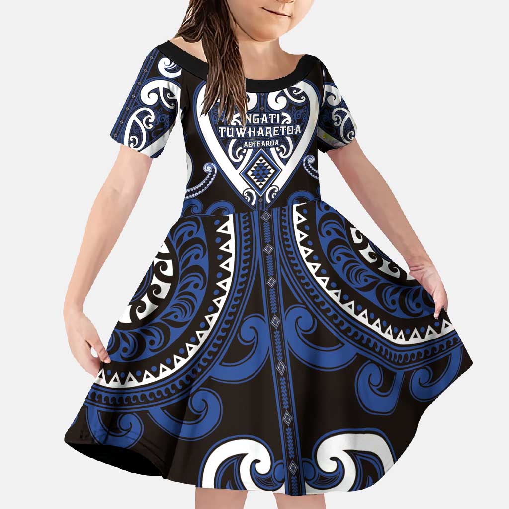 Custom Aotearoa Ngati Tuwharetoa Family Matching Mermaid Dress and Hawaiian Shirt Maori Tribal Pattern LT05 Daughter's Dress Navy - Polynesian Pride