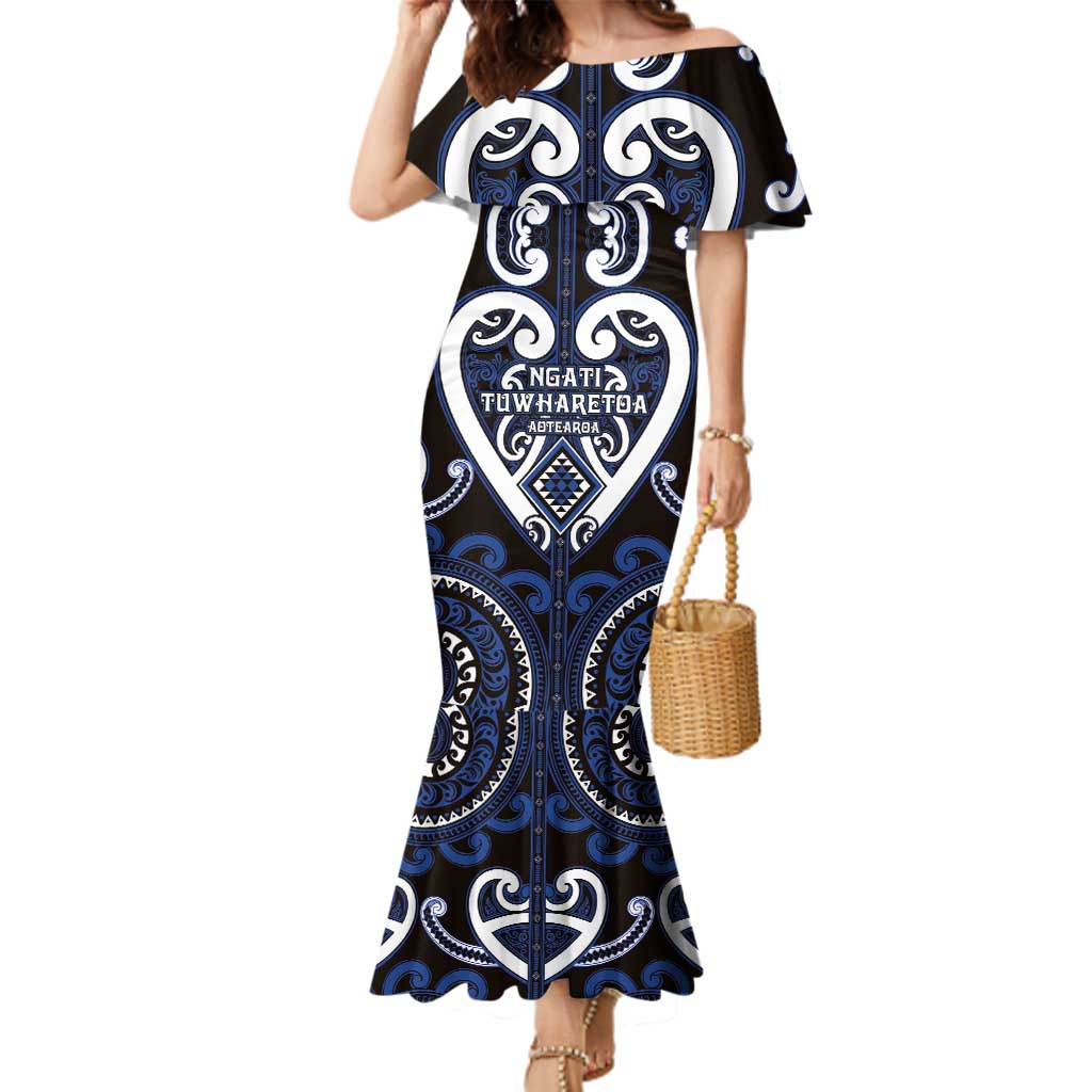 Custom Aotearoa Ngati Tuwharetoa Family Matching Mermaid Dress and Hawaiian Shirt Maori Tribal Pattern LT05 Mom's Dress Navy - Polynesian Pride