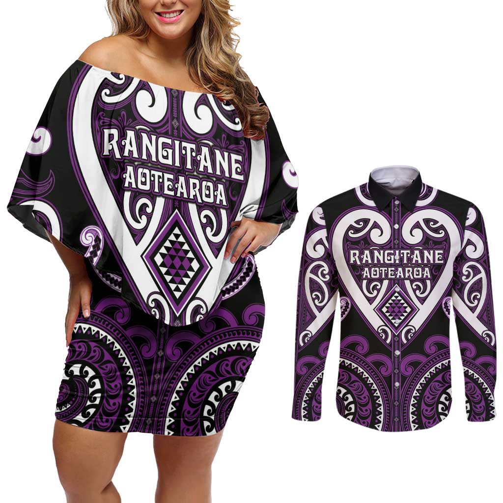 Custom Aotearoa Rangitane Couples Matching Off Shoulder Short Dress and Long Sleeve Button Shirt Maori Tribal Pattern