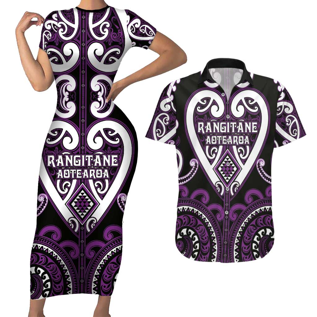 Custom Aotearoa Rangitane Couples Matching Short Sleeve Bodycon Dress and Hawaiian Shirt Maori Tribal Pattern