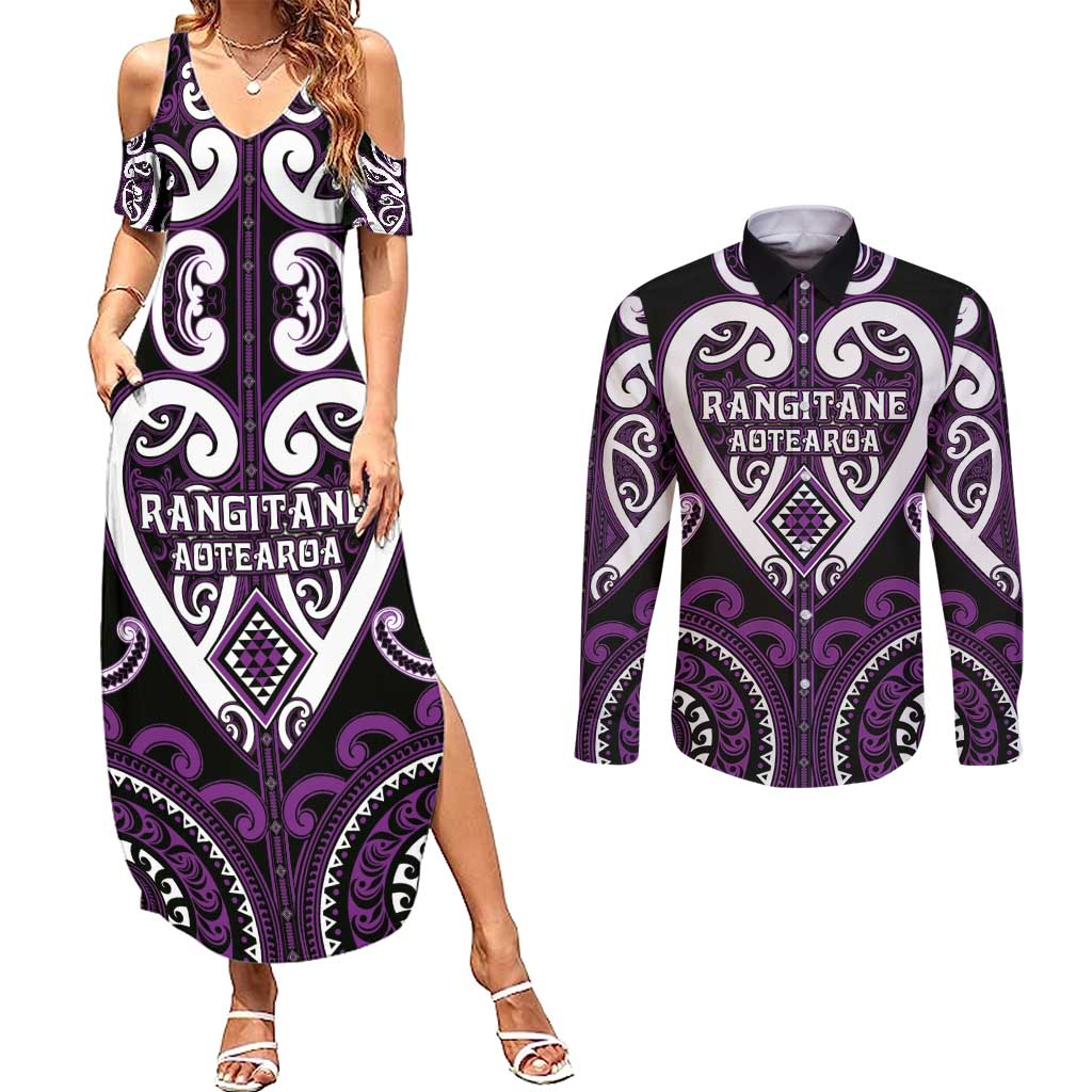 Custom Aotearoa Rangitane Couples Matching Summer Maxi Dress and Long Sleeve Button Shirt Maori Tribal Pattern