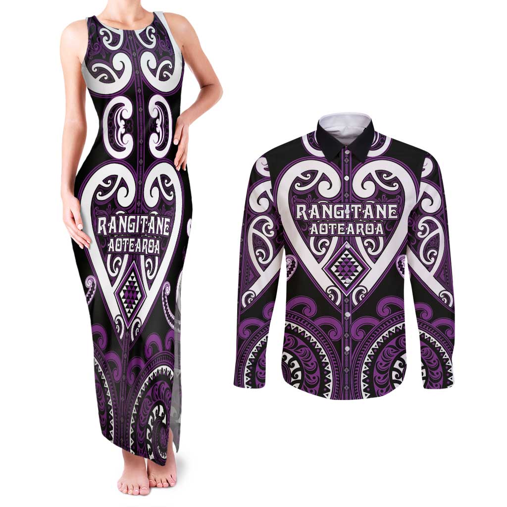 Custom Aotearoa Rangitane Couples Matching Tank Maxi Dress and Long Sleeve Button Shirt Maori Tribal Pattern