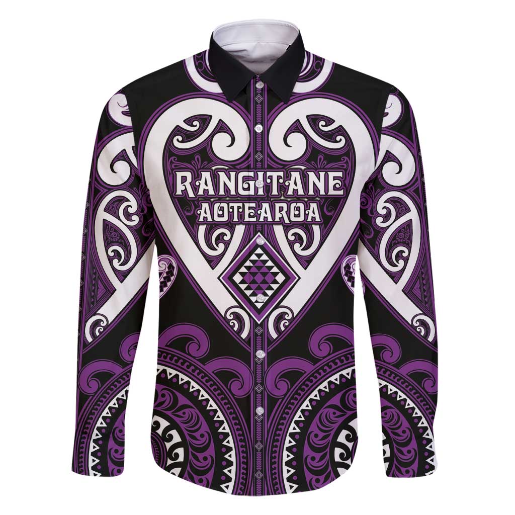 Custom Aotearoa Rangitane Family Matching Off Shoulder Short Dress and Hawaiian Shirt Maori Tribal Pattern LT05 Dad's Shirt - Long Sleeve Purple - Polynesian Pride