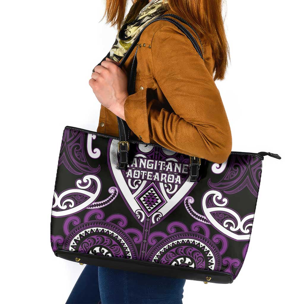 Aotearoa Rangitane Leather Tote Bag Maori Tribal Pattern LT05 Purple - Polynesian Pride