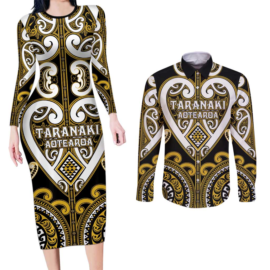Custom Aotearoa Taranaki Couples Matching Long Sleeve Bodycon Dress and Long Sleeve Button Shirt Maori Tribal Pattern