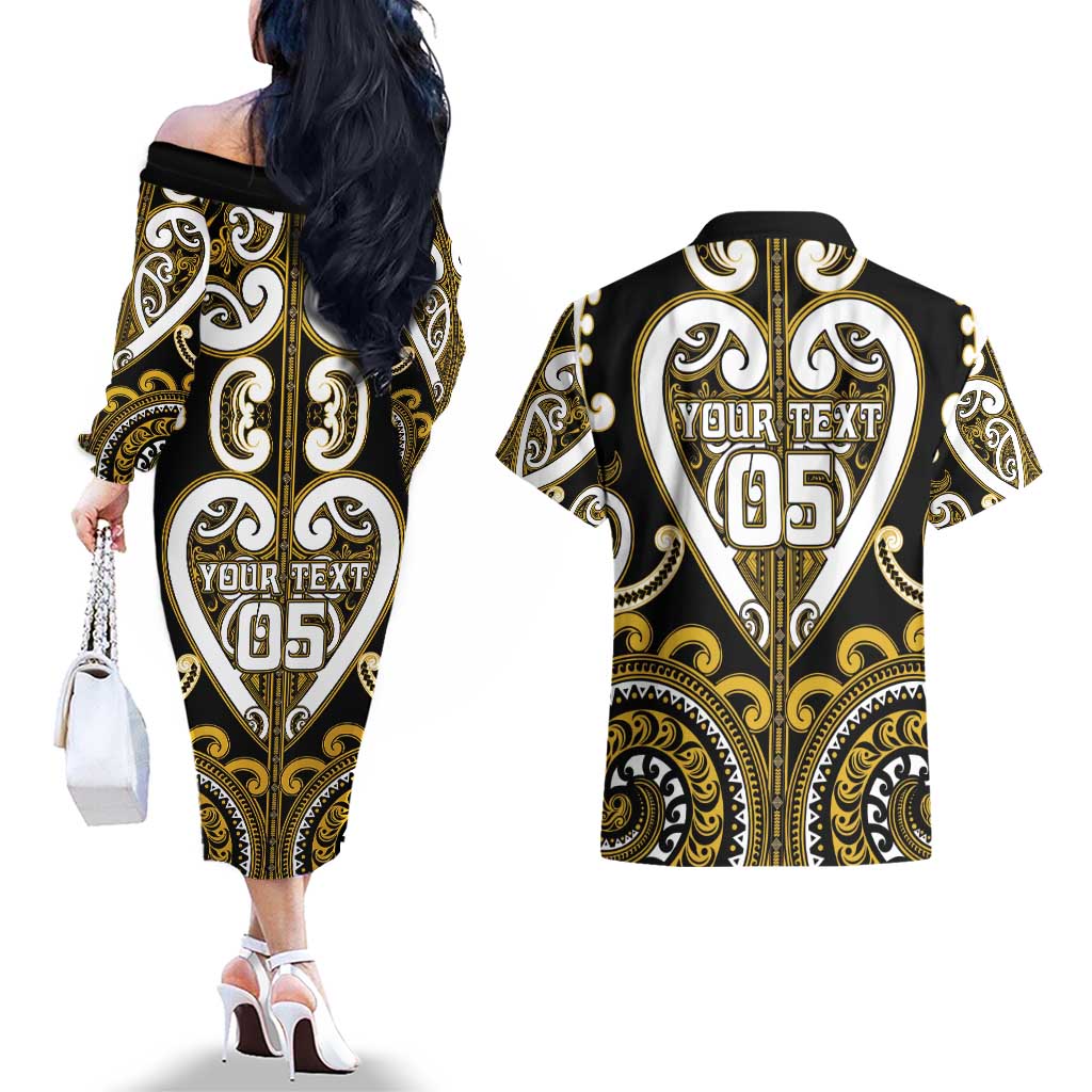Custom Aotearoa Taranaki Couples Matching Off The Shoulder Long Sleeve Dress and Hawaiian Shirt Maori Tribal Pattern