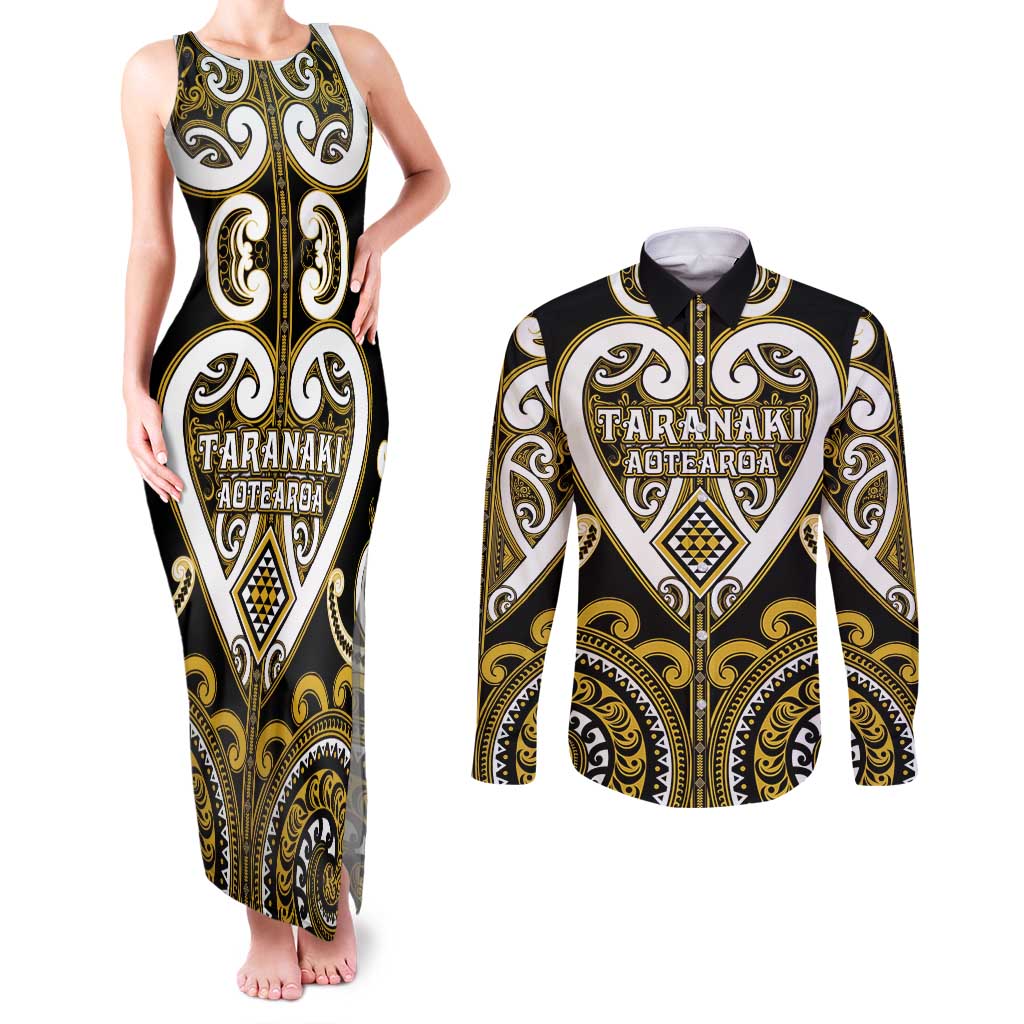 Custom Aotearoa Taranaki Couples Matching Tank Maxi Dress and Long Sleeve Button Shirt Maori Tribal Pattern