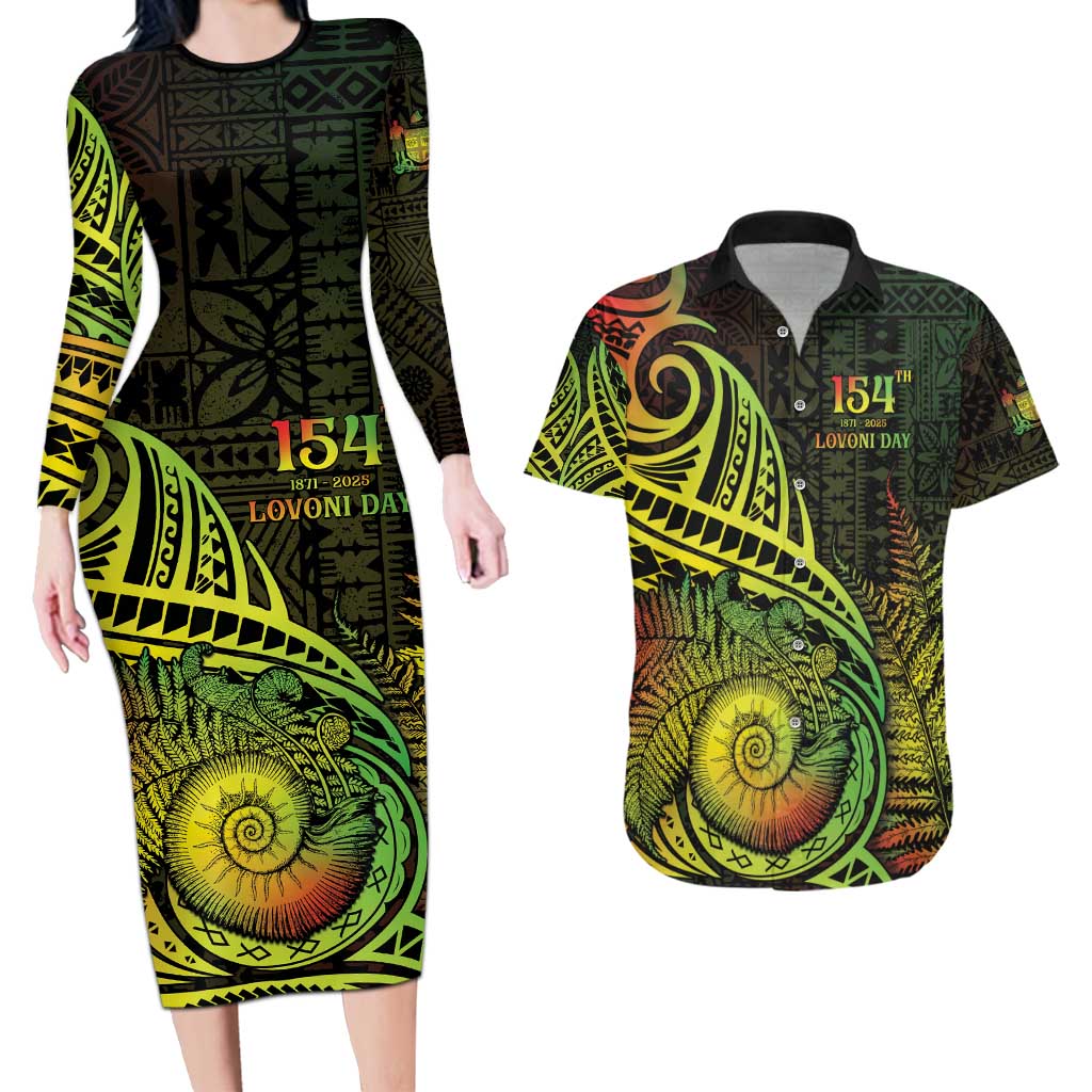 Personalised Fiji Lovoni Day Couples Matching Long Sleeve Bodycon Dress and Hawaiian Shirt 154th Years LT05 Reggae - Polynesian Pride