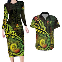 Personalised Fiji Lovoni Day Couples Matching Long Sleeve Bodycon Dress and Hawaiian Shirt 154th Years LT05 Reggae - Polynesian Pride
