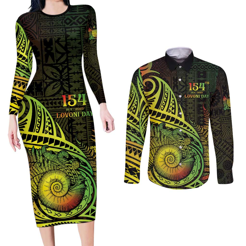 Personalised Fiji Lovoni Day Couples Matching Long Sleeve Bodycon Dress and Long Sleeve Button Shirt 154th Years LT05 Reggae - Polynesian Pride
