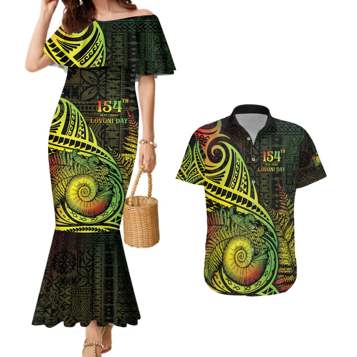 Personalised Fiji Lovoni Day Couples Matching Mermaid Dress and Hawaiian Shirt 154th Years