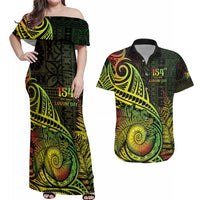 Personalised Fiji Lovoni Day Couples Matching Off Shoulder Maxi Dress and Hawaiian Shirt 154th Years LT05 Reggae - Polynesian Pride