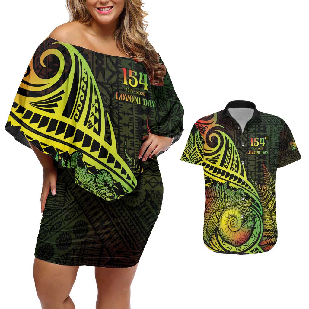 Personalised Fiji Lovoni Day Couples Matching Off Shoulder Short Dress and Hawaiian Shirt 154th Years LT05 Reggae - Polynesian Pride