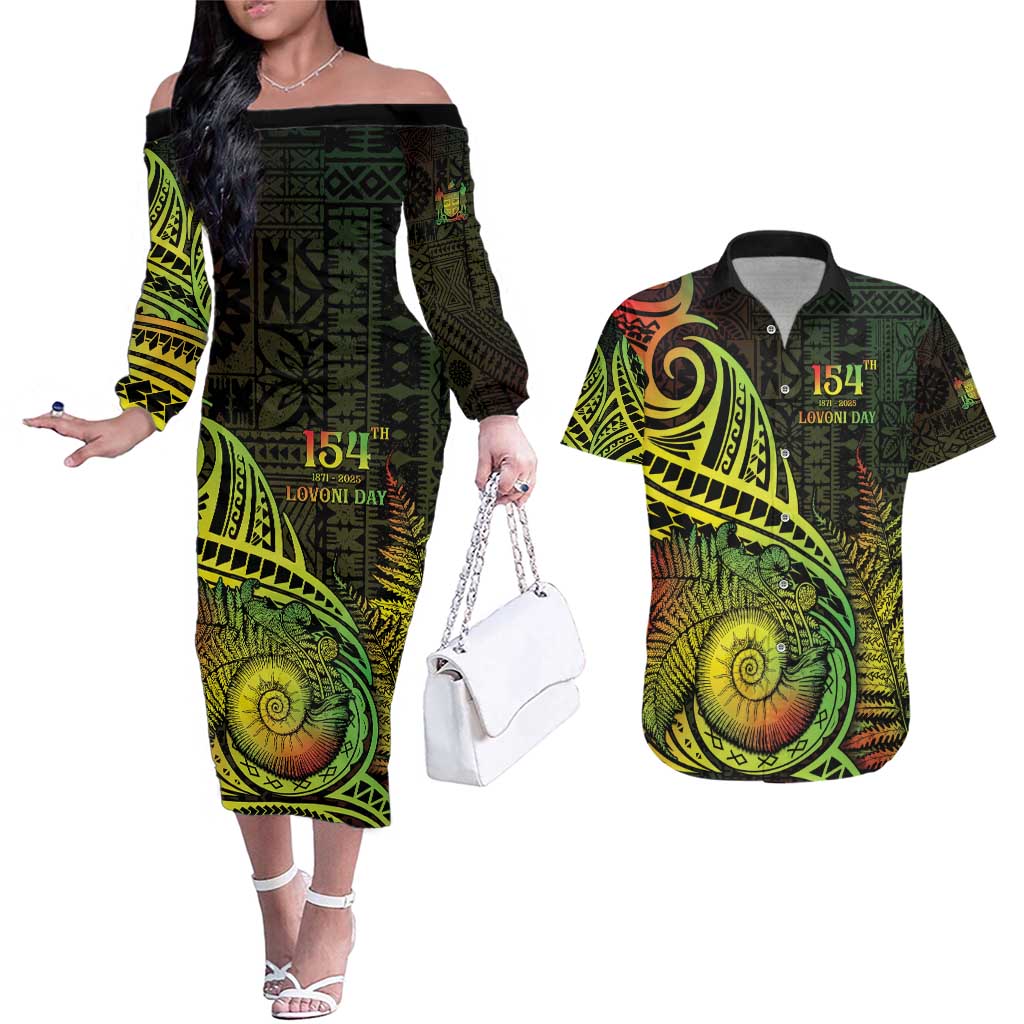 Personalised Fiji Lovoni Day Couples Matching Off The Shoulder Long Sleeve Dress and Hawaiian Shirt 154th Years LT05 Reggae - Polynesian Pride