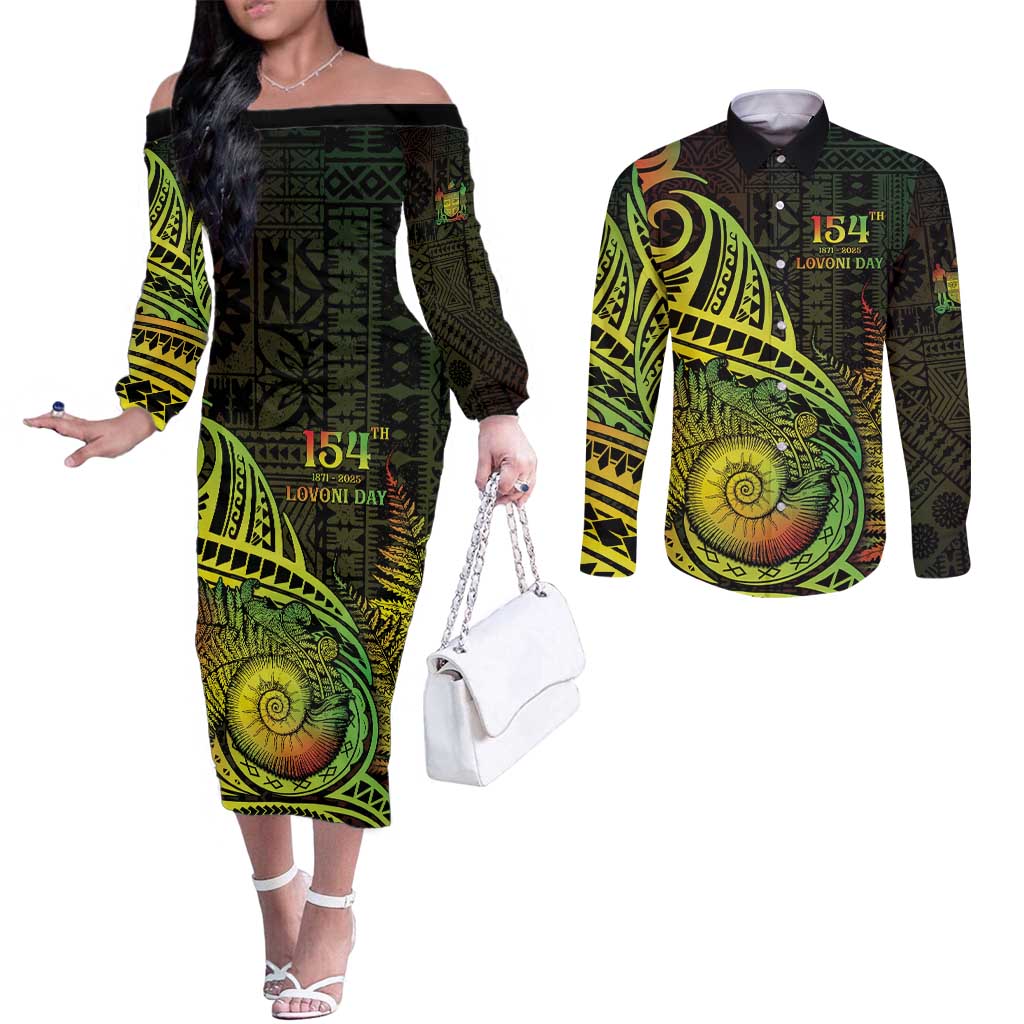 Personalised Fiji Lovoni Day Couples Matching Off The Shoulder Long Sleeve Dress and Long Sleeve Button Shirt 154th Years LT05 Reggae - Polynesian Pride