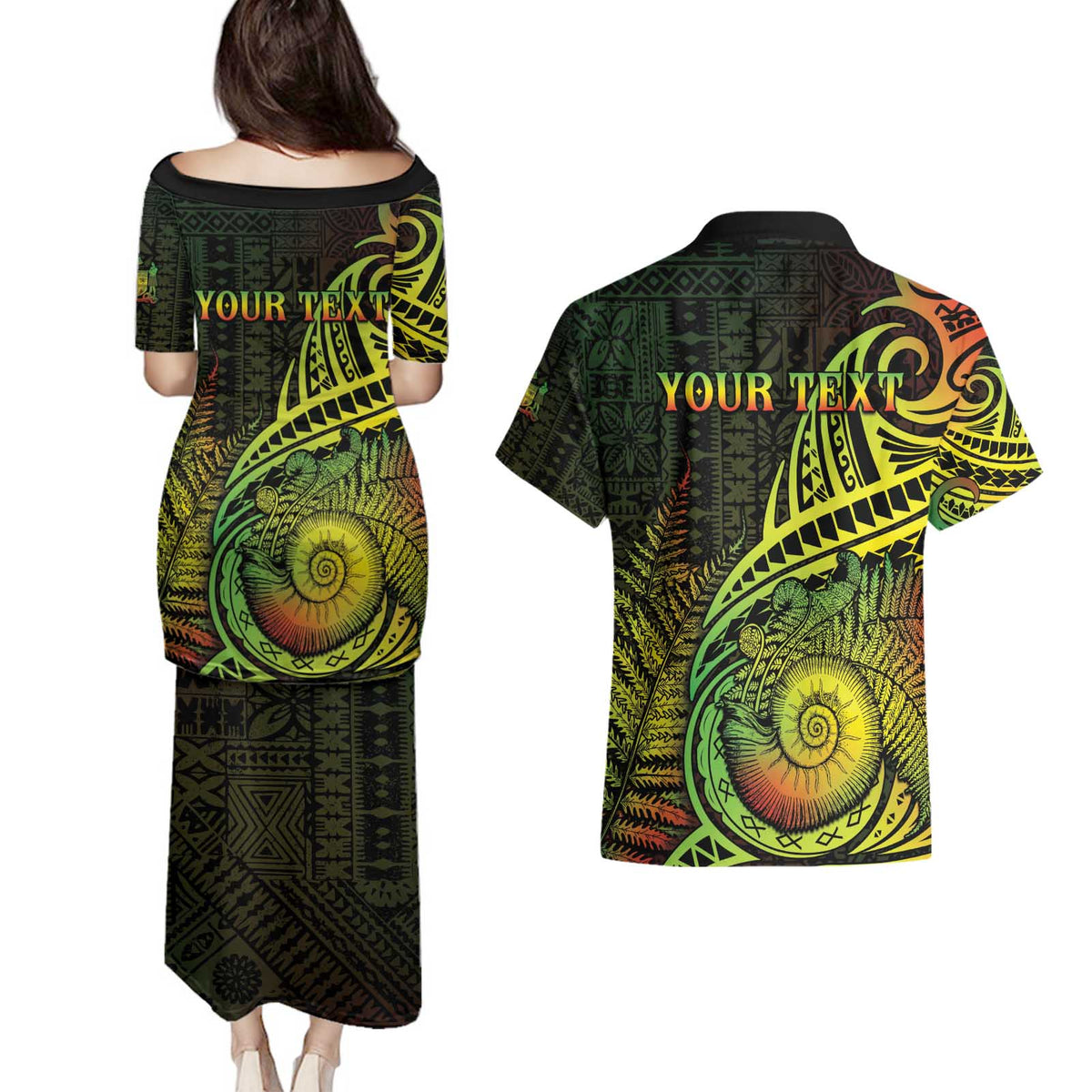 Personalised Fiji Lovoni Day Couples Matching Puletasi and Hawaiian Shirt 154th Years