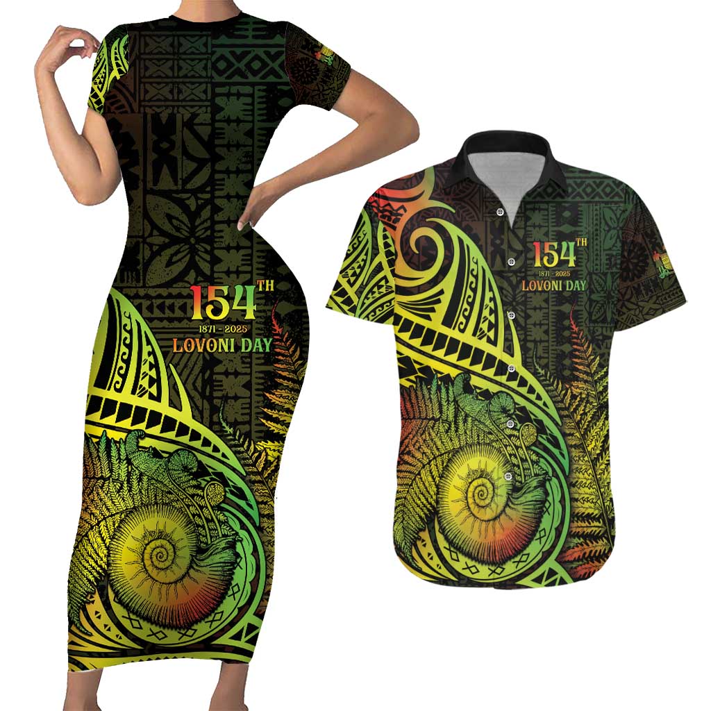 Personalised Fiji Lovoni Day Couples Matching Short Sleeve Bodycon Dress and Hawaiian Shirt 154th Years LT05 Reggae - Polynesian Pride