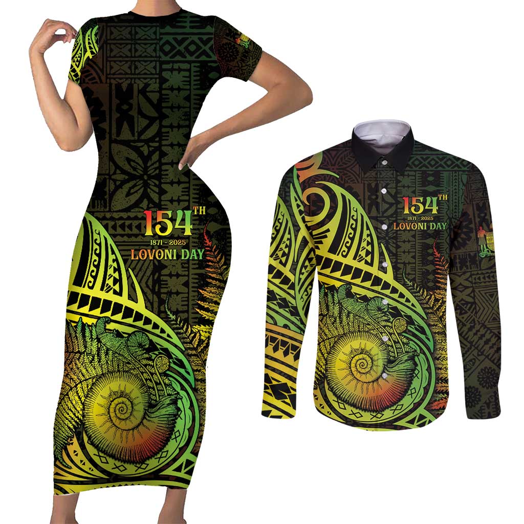 Personalised Fiji Lovoni Day Couples Matching Short Sleeve Bodycon Dress and Long Sleeve Button Shirt 154th Years LT05 Reggae - Polynesian Pride