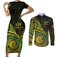 Personalised Fiji Lovoni Day Couples Matching Short Sleeve Bodycon Dress and Long Sleeve Button Shirt 154th Years LT05 Reggae - Polynesian Pride