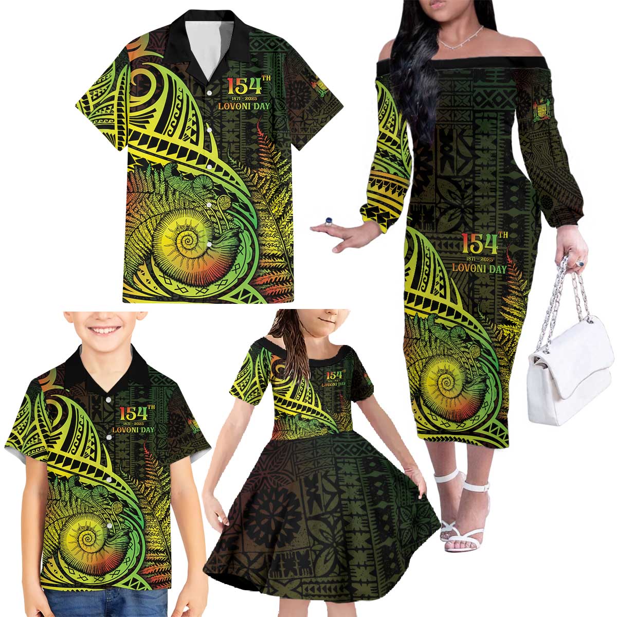 Personalised Fiji Lovoni Day Family Matching Off The Shoulder Long Sleeve Dress and Hawaiian Shirt 154th Years LT05 - Polynesian Pride
