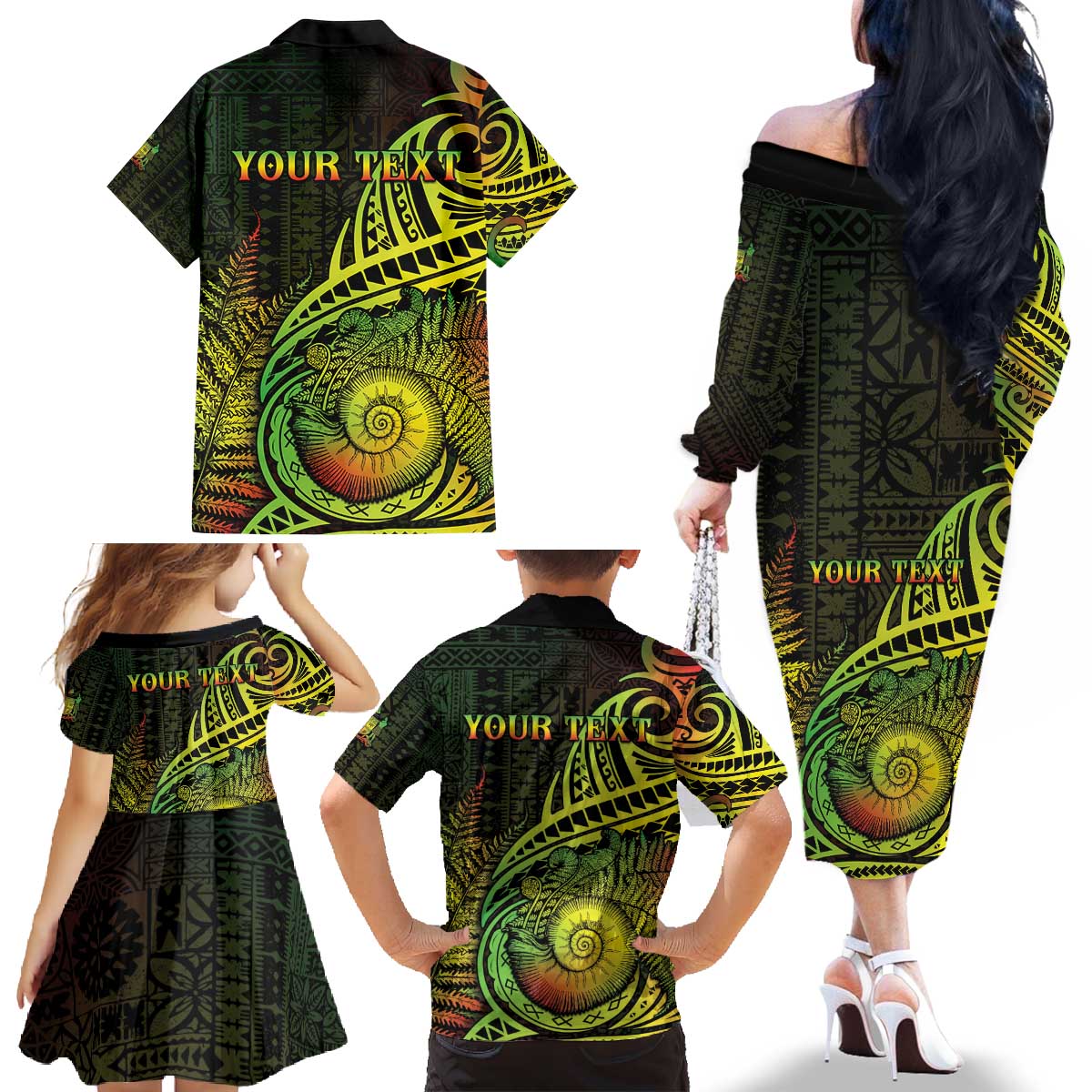 Personalised Fiji Lovoni Day Family Matching Off The Shoulder Long Sleeve Dress and Hawaiian Shirt 154th Years LT05 - Polynesian Pride