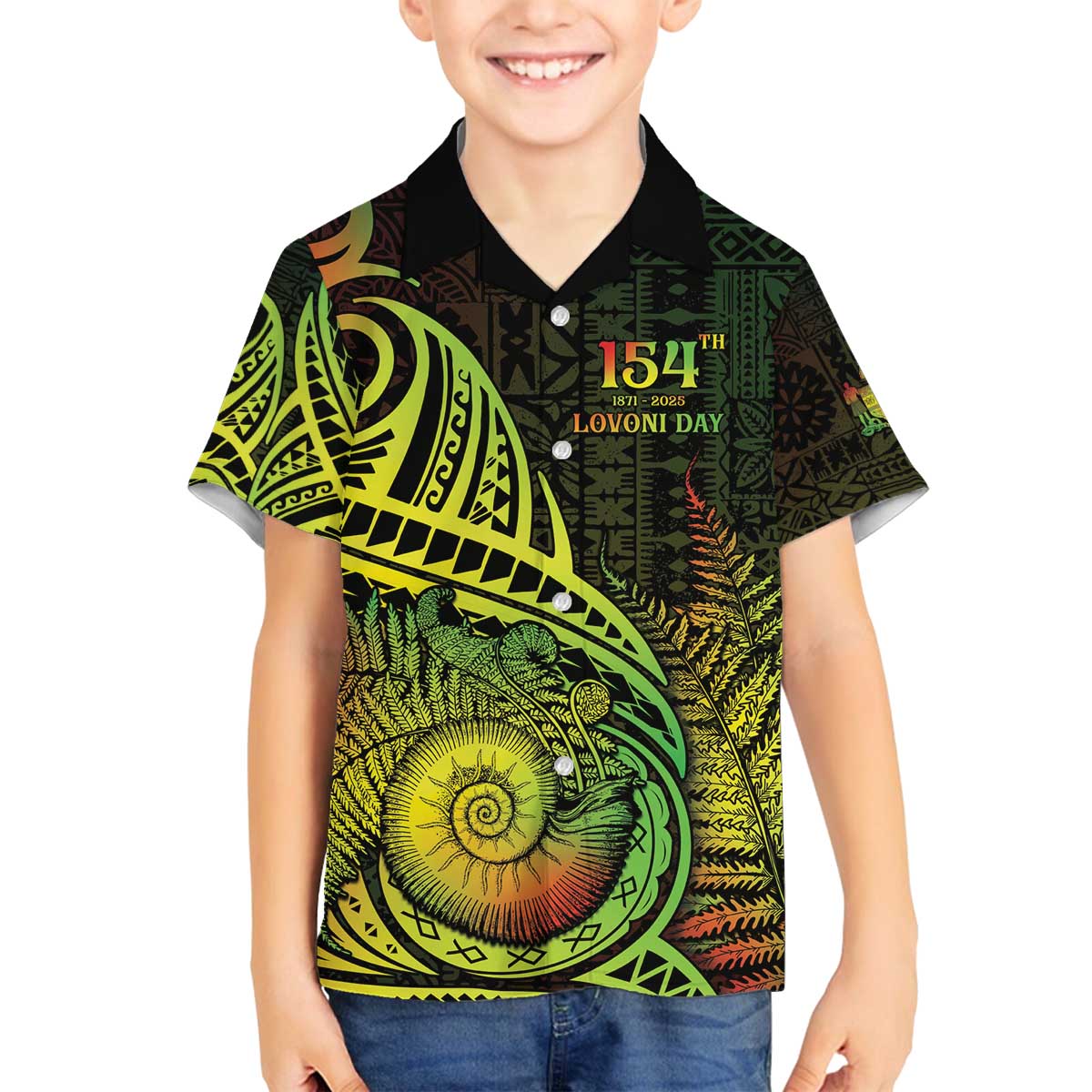 Personalised Fiji Lovoni Day Family Matching Off The Shoulder Long Sleeve Dress and Hawaiian Shirt 154th Years LT05 Son's Shirt Reggae - Polynesian Pride