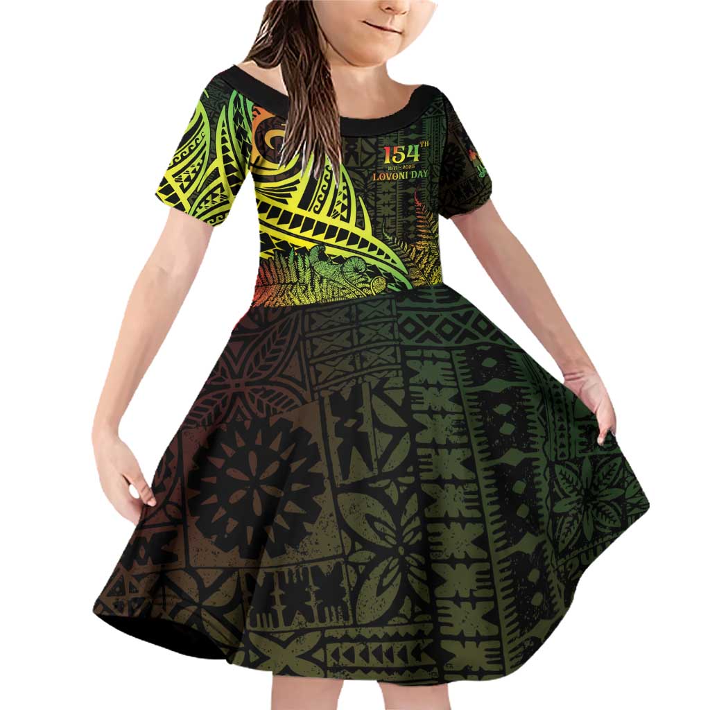 Personalised Fiji Lovoni Day Family Matching Off Shoulder Short Dress and Hawaiian Shirt 154th Years LT05 Daughter's Dress Reggae - Polynesian Pride